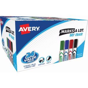 Avery&reg; Marks A Lot Desk-Style Dry-Erase Markers - Chisel Marker Point Style - Black, Blue, Green, Red - 24 / Box
